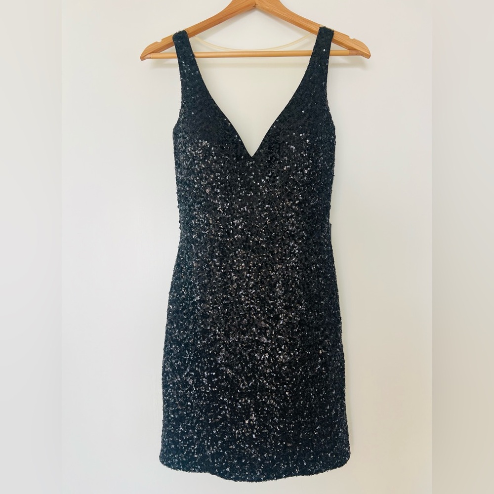 NEW La Femme Black Sequin Cocktail Dress with Nude Back